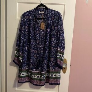 Natural Life Dara Long-Sleeve V-Neck Mini Dress Tunic Beach Coverup | NWT